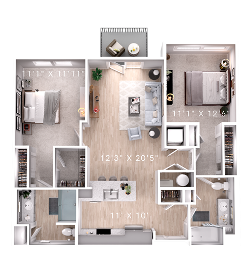 Floor plan for 2 beds, 2 baths, 1032 sqft